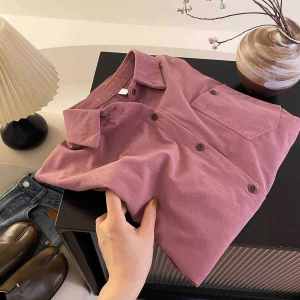 Áo Sơ Mi Nhung Kẻ Cổ Polo Dài Tay Thường Ngày Cho Nữ Mùa Xuân Thu Phong Cách Hàn Quốc Rộng Rãi Thoải Mái Chất Lượng Cao