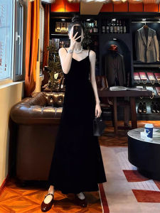 Slimming Velvet Long Dress V-Neck Strap Women plus Size Ankle-Length Gown Korean Style High Waist A-Line Skirt Commute Fashion