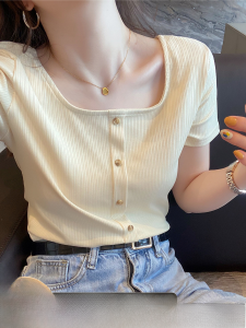 Ice Silk Short Sleeve T-Shirt Womens Summer Large Collar White Inner Slim Fit Shoulder Square Collar Top Korean Style Casual Cotton Blend