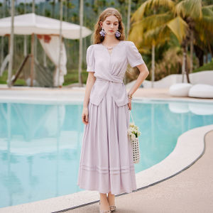 XIANGYING | French Elegant Lilac Color Knot Top Half Skirt Set