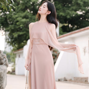 French Elegant Pink Sleeveless Dress Slimming Beautiful Unique Design Summer Long Evening Gown for Girls High Waist Polyester Fiber