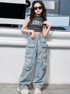 Girls Large Pocket Loose Jeans Spring Summer New Style Childrens Casual Pants Versatile Trendy Long Trousers for Kids
