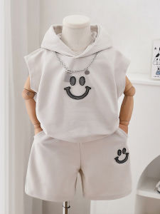 Boys Summer Outfit Set Korean Style Cotton Light Weight Casual Wear for 1-10 Years Old Boys with Hood V-Neck Vest And Shorts