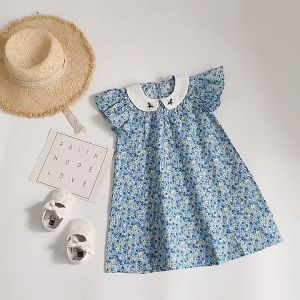 ใหม่ QZ-04 ชุดกระโปรงเด็กผู้หญิง คอบัวสีขาวลายดอกไม่สีฟ้า ขนาดพอดีหัวเข่า ไซส์100-140 แฟชั่นเกาหลีเด็ก