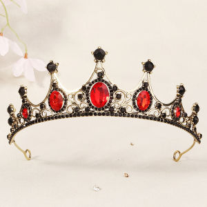 Halloween Vintage Princess Queen Dark Crown Headwear Crystal Tiara For Women Red Crown Hair Dress Accessories Jewelry