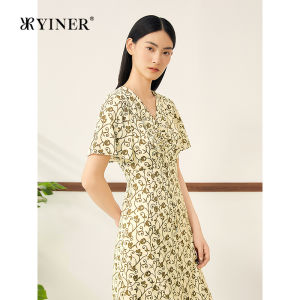 French Vintage Floral Print Silk V-Neck Dress