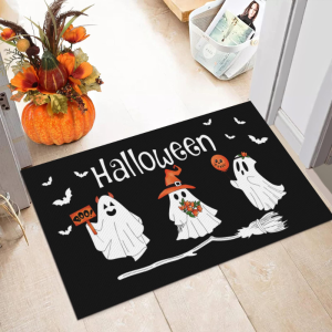 VIKAMA Cute Ghost Halloween Doormat Three Cartoon Ghosts Boo Broom Bat Non Slip Washable Farmhouse Front Porch Decor Rug