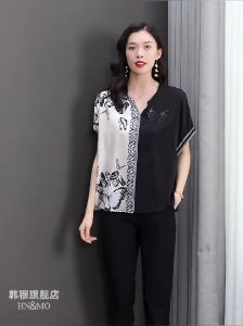 LUXURY Queen Silk Short Sleeve Womens  Blouse Mommys Summer 2023 New Black Silk Loose Covering Large Top