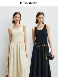 Designice Summer New Simple Elegant round Neck Splice Dress Womens Vest Skirt High Waist Cotton Slim Fit Casual Style