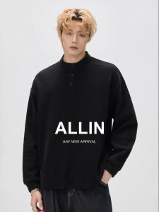 ALLIN | Trendy Black Loose Casual Commuter Hoodie Jacket Small Henley Collar