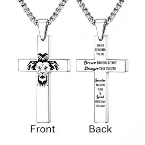 Inspirational Christian Lion Cross Pendant Double Sided Necklace Engraved Stainless Steel Religious Jewelry Gift For Men