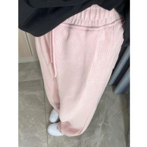 High Waist Cotton Sports Pants Womens Spring Autumn White Grey Casual Loose Wide Leg Trousers with Drawstring Knitted