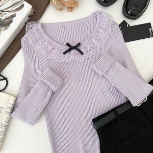 Slim Fit Short Sleeve Knitted Sweater round Neck Butterfly Knot Lace Edge Womens Base Shirt Top Commute Style Pure Color Spring