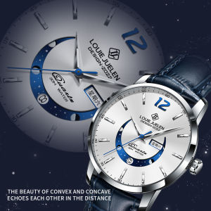 LOUIE Julelen นาฬิกากันน้ำผู้ชาย2023ดวงจันทร์เดิมหน้าปัดเรืองแสงผู้ชายนาฬิกาข้อมือลำลองการเคลื่อนไหวของสายหนังควอตซ์ของแท้