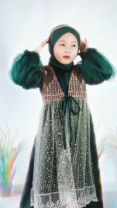Gamis Anak Lebaran Set Hijab Azzumi Kids BL Velvet Mix Tulle Brocade Ethnic Mix Premium Mix Gliter Soft Tule M L XL Baju Muslim Cewek 3 - 6 Tahun Dress Muslimah Anak Kekinian Viral Warna Burgundy Hitam Emerald Brown