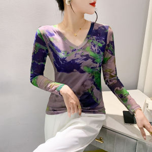 Rehin Áo Thun Tay áo dài lưới cổ cao mới mùa thu Áo Nữ Xếp lớp in vừa vặn mỏng