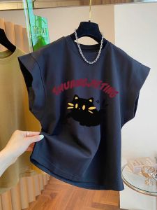 Taoxi Home ~ 2024 Summer New Design Sense Cartoon Cat than Shoulder Flying Sleeves Pure Cotton Short Sleeve T-Shirt Women