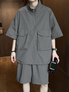 Summer Lightweight Quick-Drying T-shirt Shorts Two-piece Set Men Casual Minimalist Loose Cargo Half Zipper Shirt Suit