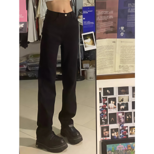 Extended Length Straight Leg Black Denim Jeans Women Slim High Waist Elastic Wide Leg Pants Loose Fit Spring Season Fashion