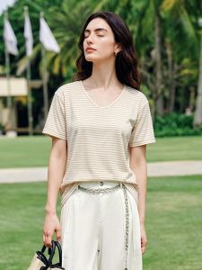 Basic House | Milk Coffee Stripe V-Neck T-Shirt
