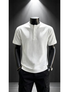 White Stripe Henry Collar Short Sleeve T-Shirt