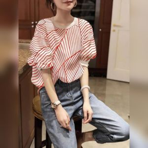YUFUQING | French Stripe Bubble Sleeve Shirt Women Loose Design Summer New Fashion Thin Red White Stripes Casual Commute Style Polyester Fiber