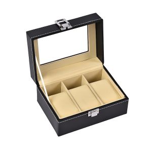 Stylish PU Leather 3-Watch Holder with Transparent Lid SBH4