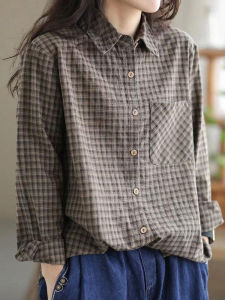 Big Sale Leak-Picking ~ Foreign Trade Original Order Export Japanese Style Large Size Linen Plaid Shirt Womens Casual Long Sleeves Cotton and Linen Tops