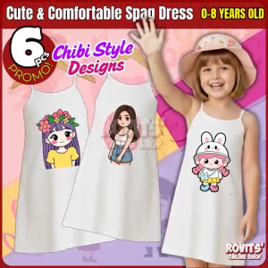 6pc Spaghetti White Dress for Kids Girls Chibi Big Head Cute Design Toddler Wear 1-8 years old OOTDOutfit Cotton Spandex