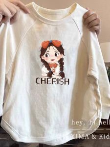 Girls Cotton Long Sleeve Base Shirt Spring Autumn Loose Casual Top Cartoon Print round Neck Sporty Style Versatile Fashionable