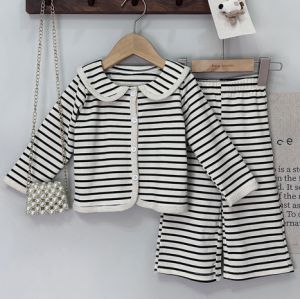 Bear Leader Toddler Girl Clothes 1-3 Year Old Casual Childrens Clothing Black Striped Long Sleeved Cardigan+Pants Two-piece Set
