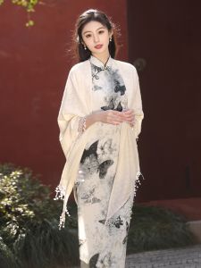 Elegant Knitted Tassel Shawl Hollow out Sleeveless Midi Qipao in Beige for Young Professional Women Daily Wear Polyester Fiber