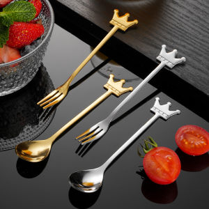 ช้อนกาแฟมงกุฎ2ชิ้นส้อมผลไม้2ชิ้น304เหล็กไร้สนิมใช้งานในบ้านช้อนผสมขนมหวานแซนวิช