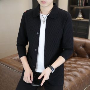 HENGYUANXIANG | Spring Autumn Knitted Cardigan Jacket Mens Pure Color Casual Turn-down Collar Administrative Style Sweater Outerwear