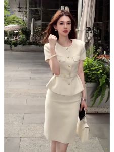 SHANGSHA | Elegant Ladylike White Slimming Dress Suite