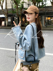 เสื้อแจ็คเก็ตยีนส์สีน้ำเงินสำหรับผู้หญิง RIXO LRIS ทรงสตรีทสไตล์สตรีทสไตล์ฤดูใบไม้ผลิและฤดูใบไม้ร่วง แขนยาว ปกติ
