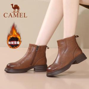 รองเท้าบูทหนังผู้หญิงฤดูหนาว Camel ทรง Chelsea หุ้มข้อสั้นแบบหนา สวมใส่สบาย ทนทาน แฟชั่น รองเท้าบูทผู้หญิง รองเท้าบูทหนังแท้