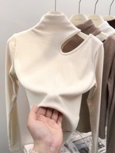 WANGGONGZHU | Womens Long Sleeve T-Shirt Winter Thickened Fleece Hollow Out Slimming Base Shirt Half High Collar Commute Style Pure Color