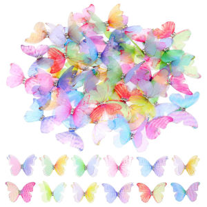 50Pcs 5cm Double Butterfly Appliqued 3D Simulation Organza Butterfly Patch for DIY Crafts Wedding Party Home Decorations