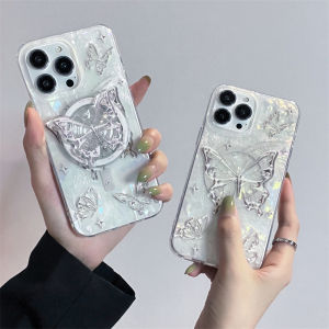 CrashStar MagSafe Silver Butterfly Transparent Hard Shockproof Phone Case With Butterfly MagSafe Stand Holder For iPhone 16 15 14 Pro Max Plus 13 12 Pro Max 11 Wireless Charging Phone Casing Fashion Cover Shell