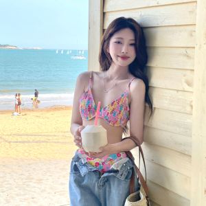 Floral Print Bikini Steel Beach Vacation Swimwear Womens Folded Edge Colorful Polyester Bandeau Style with Chest Pad