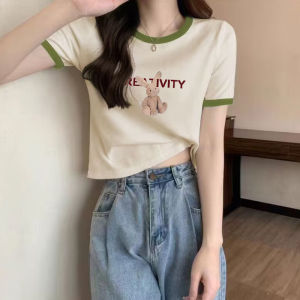 New 2025 Womens Cotton T-shirt Short Sleeve Waist-Cinching Asymmetrical Design Summer Fashionable Print Commute Style Regular Thickness