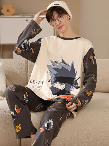 Boys Cotton Pajamas Winter Sleepwear Naruto Shippuden Cartoon Print Long Sleeve round Neck Comfortable Home Clothes for Teens