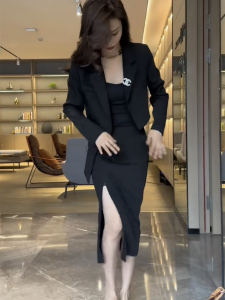 Fashion Slimming Spring Autumn Casual Turenko Womens Suit Dress Top Half Midi Skirt Opening Fashion Set