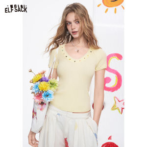 ELFSACK 2025 Summer New Arrivals Product Shell Nail Beads V-Neck Slim Fit Short Sleeved WomenS Casual T-Shirt