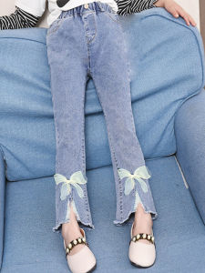 กางเกงยีนส์เด็กผู้หญิงสไตล์เกาหลีกางเกงขายาวผ้าฝ้ายพร้อมเข็มขัดหนังเอวกลางสําหรับฤดูใบไม้ผลิและฤดูใบไม้ร่วงเหมาะสําหรับอายุ 5 ถึง 12 ปี