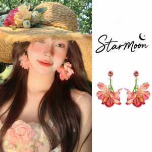 Pink Floral Rose Tassel Earrings Womens Unique Beautiful Beach Vacation Style Clip-On Handcraft Decorative Jewelryear