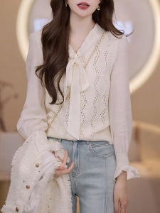 Shalldoer | French Gentle Style Bow Tie Hollow-out Simple Pure Color Patchwork Blouse