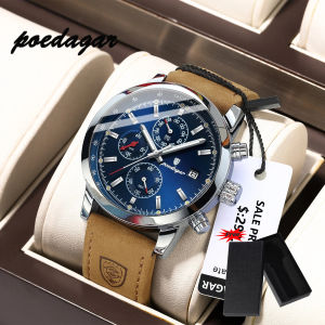 Poedagar นาฬิกาข้อมือสำหรับผู้ชายนาฬิกานาฬิกาแฟชั่นควอตซ์หรูกันน้ำสำหรับกีฬาโครโนกราฟเรืองแสงวันที่นาฬิกาข้อมือชายนาฬิกาผู้ชายหนังธุรกิจนาฬิกา932P