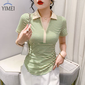 YIMEI Áo Thun Nữ Cổ Polo Áo Phông Kẻ Sọc Mùa Hè 2023 Cotton Dáng Ôm Mới Áo Thun Nữ Cổ Áo Thun Có Cổ Tay Ngắn Thiết Kế